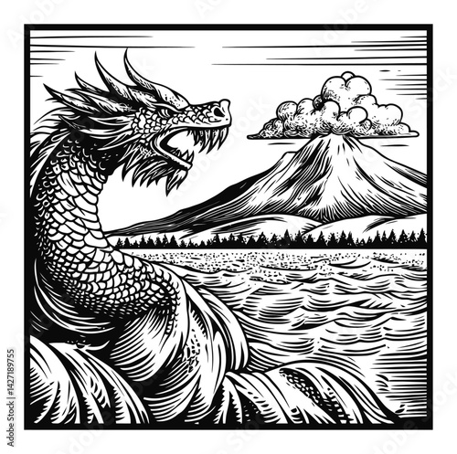 Dragon Engraving with Mountain and Clouds in Black and White Style