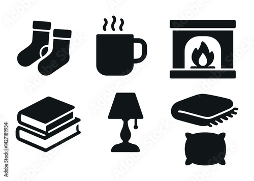 Cozy home essentials icon set – solid style symbols for comfort and relaxation: socks, coffee mug, fireplace, books, lamp, blanket, pillow