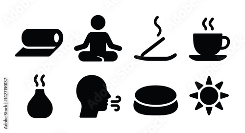 Wellness and relaxation icon set – flat style symbols for meditation and mindfulness, yoga and self-care: yoga mat, lotus pose, incense, tea cup, diffuser, breathing, cushion, sun