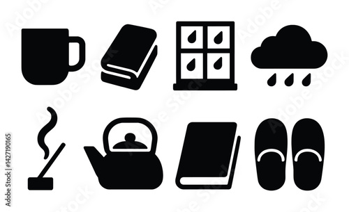 Cozy home silhouette icons set – flat style domestic comfort and relaxation symbols for a warm atmosphere: mug, book, window, cloud, incense, teapot, slippers