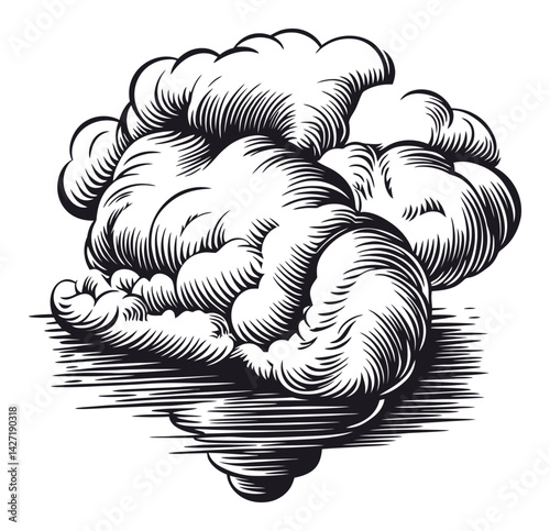 Detailed Black and White Engraving of Artistic Cloud Illustration