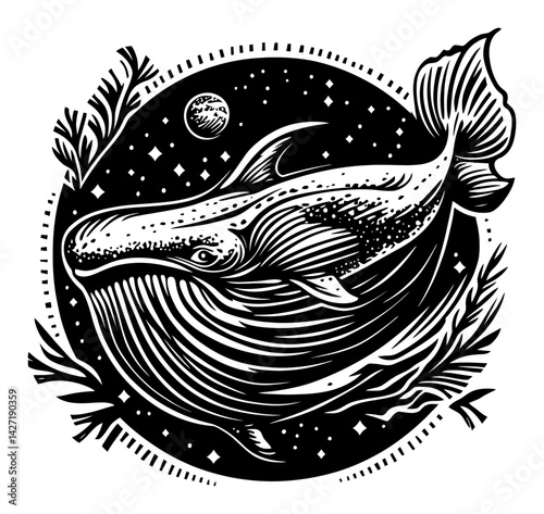 Detailed Engraving of a Whale Surrounded by Cosmic Elements
