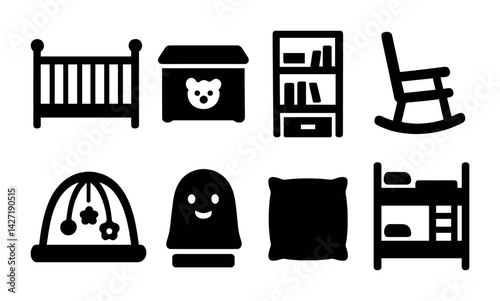 Baby and child furniture icon set – solid style nursery and kids room symbols for interior design and decor: crib, toy chest, bookshelf, rocking chair, play gym, night light, pillow, bunk bed