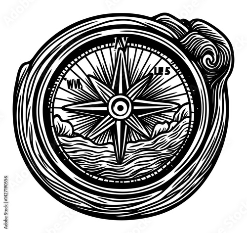 Vintage Compass Engraving Illustration with Nautical Design Elements