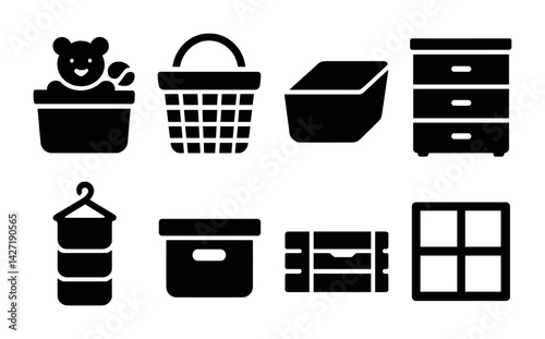 Home organization solid icons set – outline style for tidying, cleaning, and storage solutions: basket, bin, drawer, container, hanger, shelf, window, teddy bear
