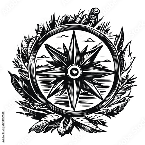 Vintage Engraving of Nautical Compass Surrounded by Nature Elements