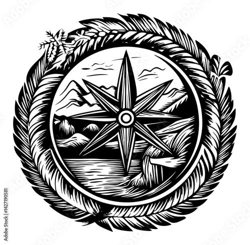 Elaborate Engraved Compass Rose Design with Mountain Landscape