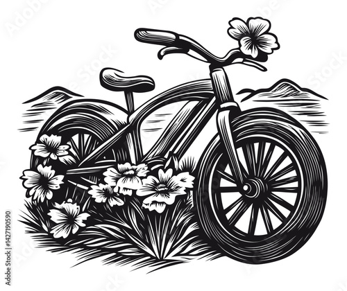Vintage Bicycle Engraving with Flowers and Scenic Background Elements