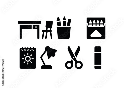 Education and study solid icons set – silhouette style academic and school symbols for learning and classroom decor: desk, chair, pencils, books, calendar, lamp, scissors, glue