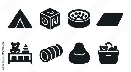 Nursery and children’s playground icon set – solid style early childhood and play area symbols for daycare and preschool: tent, playpen, beanbag, toy basket, building blocks, sensory bin, crawling