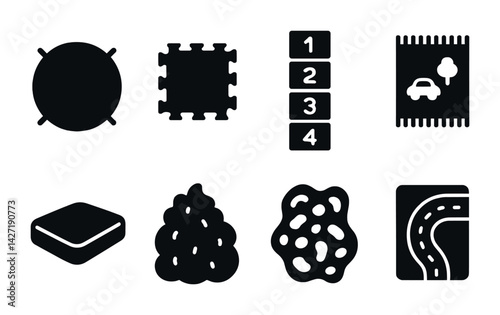 Children's play area icon set – solid style symbols for playground design, safety, and fun: trampoline, puzzle mat, hopscotch, playground rug, safety barrier, mulch, safety surface