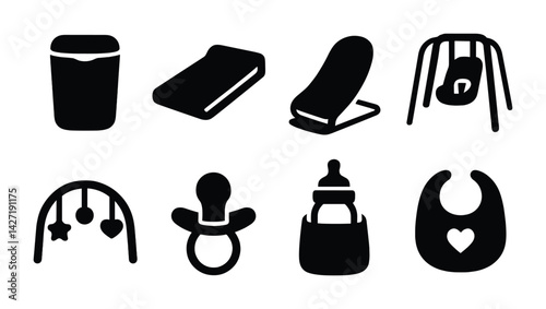 Baby essentials icon set – solid style nursery and infant care symbols for new parents: diaper bin, changing mat, baby bouncer, cradle, play gym, pacifier, bottle, bib