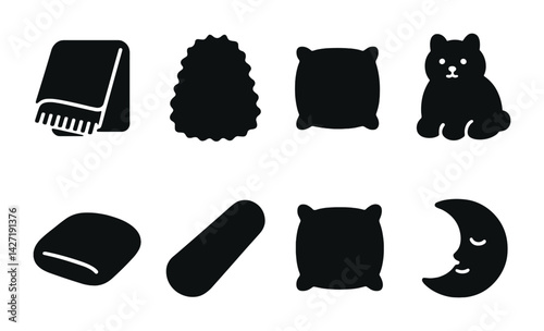 Bedding and home comfort solid icon set – cozy and stylish symbols for relaxation and sleep: blanket, cushion, pillow, cat, towel, bolster, moon