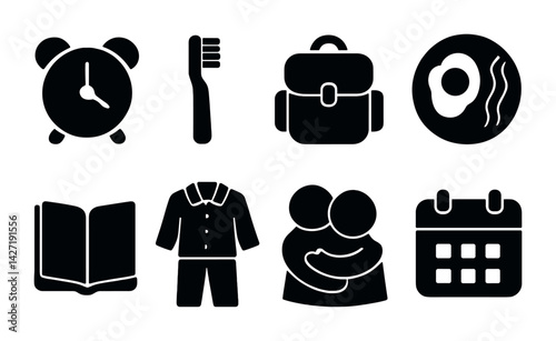 Daily routine solid icon set – filled style morning activities and essentials for personal care, breakfast, and time management: clock, toothbrush, backpack, breakfast, book, clothes, hug, calendar