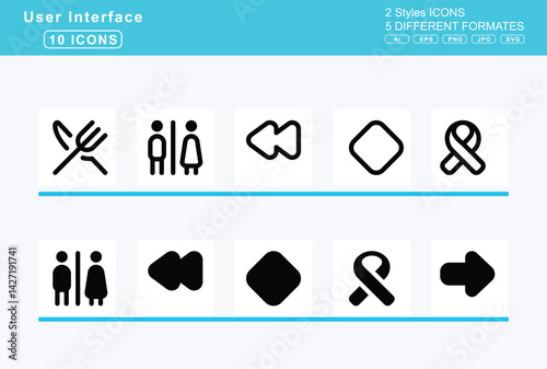 Set of 5 solid user interface icons,refresh, registered, remove, folder, user, replace
