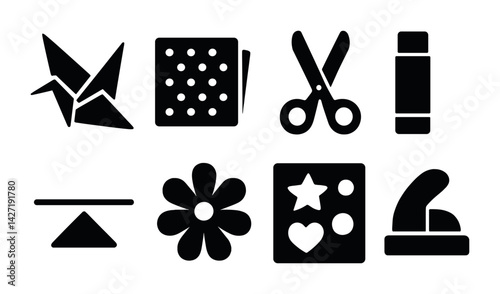 Origami and craft silhouette icons set – solid style art and diy symbols for creative projects, home crafting, decorative design: origami crane, scissors, glue stick, paper, flower, sticker, punch