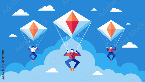 A swarm of parachutes guided by skilled skydivers assembling into a recordbreaking diamond formation above the clouds.. Vector illustration