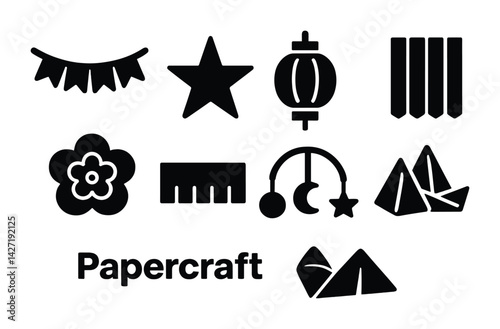 Papercraft silhouette icons set – creative craft and origami symbols for design projects: garland, star, lantern, bookmark, flower, abacus, mobile, paper boat, pyramid