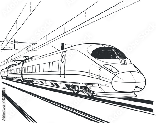 An outline illustration of a modern high-speed train on railway tracks conveying motion and technology.