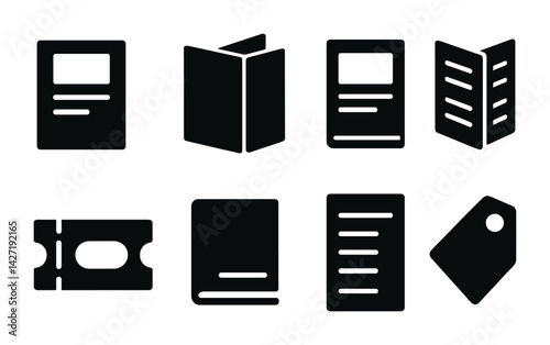 Library and reading solid icons set – flat style book and education symbols for study, literature, and organization: book, open book, bookmark, ticket, leaflet, tag, brochure