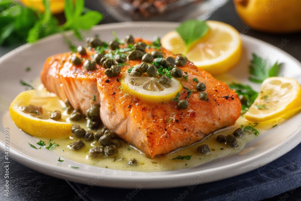 Delicious pan-seared salmon fillet, topped with capers and lemon, served with lemon wedges. A culinary delight! Delicious pan-seared salmon fillet, topped with capers and lemon, served with lemon wedges. A culinary delight!