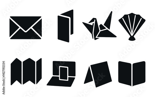 Origami and paper craft icon set – flat style crafting and folding symbols for diy and creativity: envelope, paper crane, fan, map, card, laptop stand, brochure