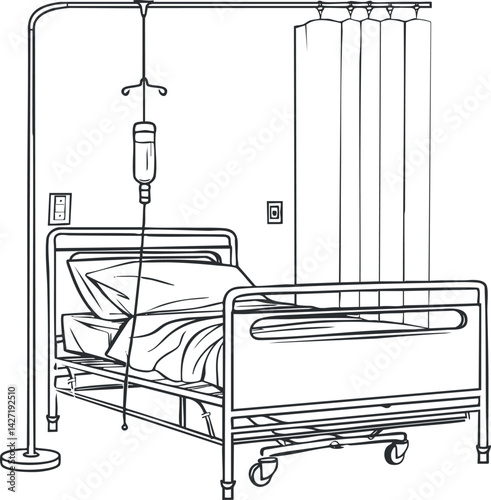 A simple line drawing of a hospital bed with IV drip and curtains for patient privacy.