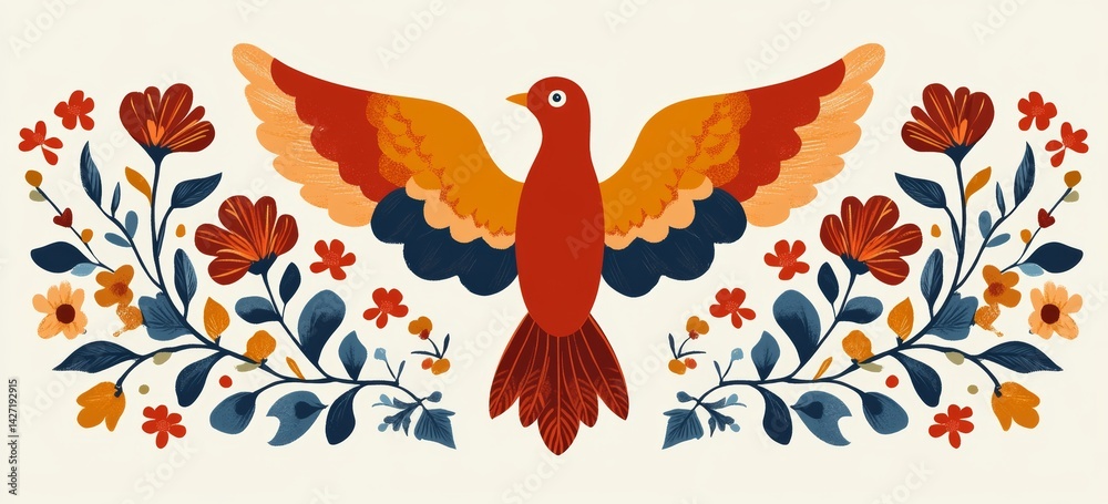 Fototapeta premium Wedding invitations design featuring a Stock in simple flat geometric and linear style with bright colors, including decorative flowers, leaves, and a bird, and copy space for text