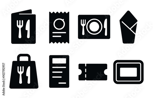 Restaurant and dining solid icons set – sleek and minimalist culinary symbols for menus, catering, and dining: menu, receipt, plate, napkin, takeout bag, food ticket, tray