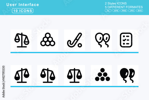 Set of 5 solid user interface icons,badge, sheriff, bags, shopping, bahai, baht, sign, balance, scale, left