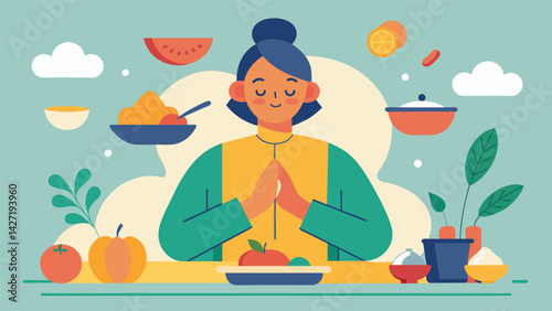 Mindfully preparing a meal using each ingredient with gratitude and purpose.. Vector illustration