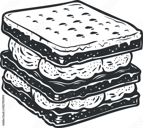 Illustration of a layered s'mores dessert featuring graham crackers chocolate and marshmallows.