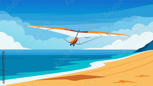 Flying high above a stretch of sandy beaches the hang glider takes in the endless ocean horizon.. Vector illustration