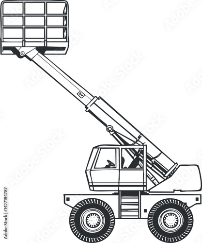 Illustration of a mobile lifting crane with a platform for construction and industrial use.