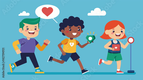 As they play tag a group of kids constantly check on their fitness trackers to see who has the highest heart rate adding an extra layer of excitement. Vector illustration