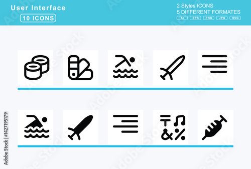 Set of 5 solid user interface icons,sunrise, sunset, superscript, surfing