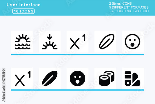 Set of 5 solid user interface icons,subway, suitcase, summer, sun, dust