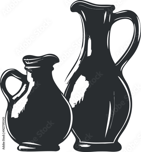 A simple black and white illustration of two ceramic jugs for decorative or functional use.