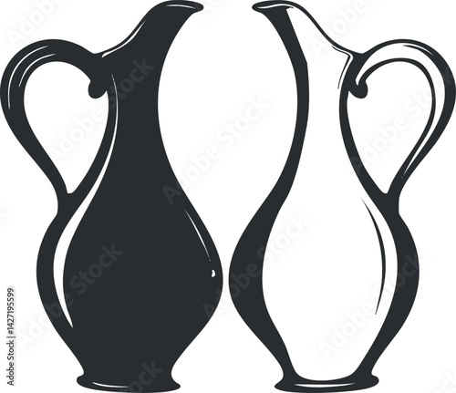 Stylized illustration of two elegant pitchers in black and white design.