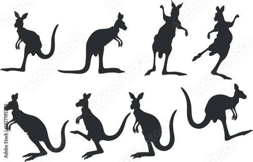 A collection of kangaroo silhouettes showcasing various poses and movements ideal for design and illustration.