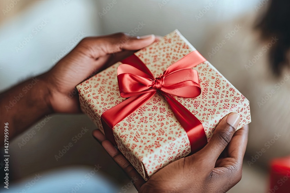 Hands offering a small gift box with red ribbon. Hands offering a small gift box with red ribbon.