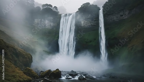 A scenic view of a majestic waterfall cascading down rocks surrounded by lush greenery and misty atmosphere