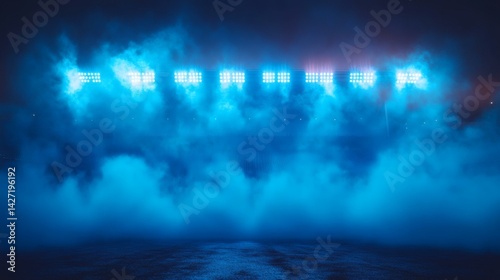 Bright floodlights in a large stadium shining through a thick layer of blue smoke creating an energetic atmosphere