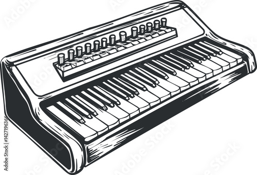 Illustration of a vintage musical keyboard instrument with keys and knobs for sound control