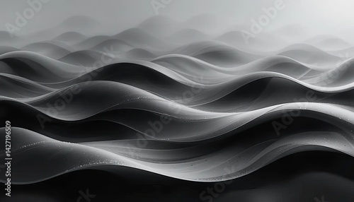A monochrome abstract landscape featuring rolling hills with a soft and muted light source overhead