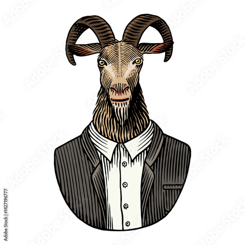 A goat gentleman in suit. Hand drawn animal character with horns in human clothes for beer bottle or web design. anthropomorphic cartoon animal. Engraved in traditional old style