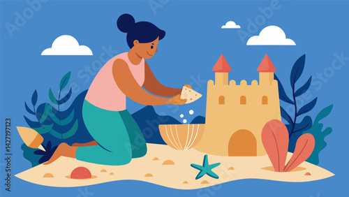 A participant carefully adds the finishing touches to their sandcastle using seashells and seaweed to create a realistic and whimsical underwater. Vector illustration