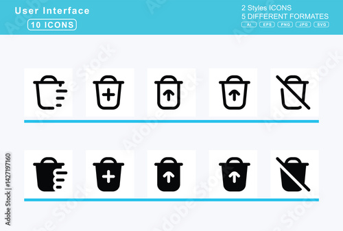 Set of 5 solid user interface icons,trash, can, check, clock, list, plus, slash