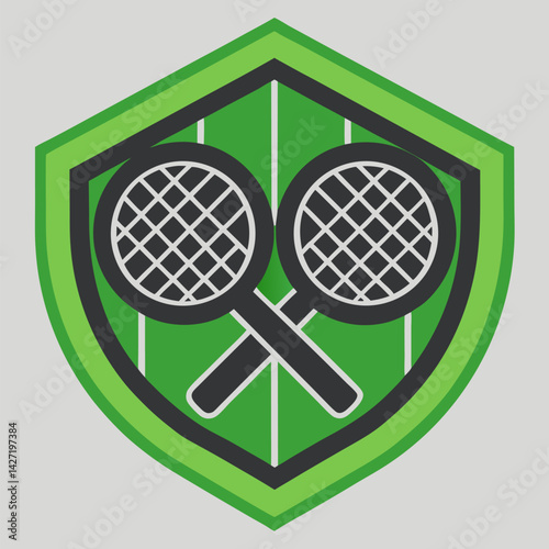 Tennis Emblem: A stylized emblem featuring two crossed tennis rackets within a shield shape, set against a field, evoking the spirit of sport and competition.