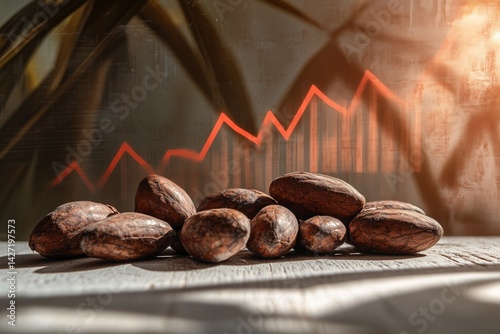 Geometric arrangement of cocoa bean clusters with rising price graph on a modern industrial backdrop
